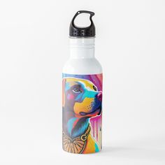 a water bottle with a painting of a dog on it