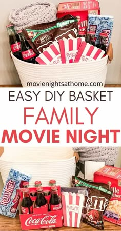 the easy diy basket for family movie night with popcorn, movies and sodas