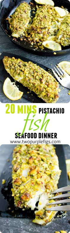 fish fillets with lemons and pistachio sauce in a cast iron skillet