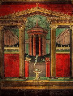 an old painting with red and gold columns