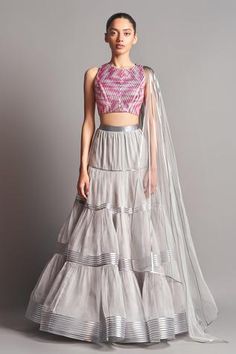 Shop for Amit Aggarwal Grey Draped Blouse And Silk Organza Tiered Lehenga Set for Women Online at Aza Fashions Structured Blouse, Tiered Lehenga, Grey Lehenga, Amit Aggarwal, Lehenga For Women, Chevron Blouse, Draped Blouse, Designer Lehenga, Gray Silk