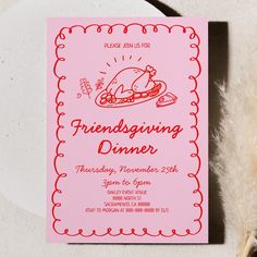 a pink dinner party card with a turkey on it and the words, friends giving dinner