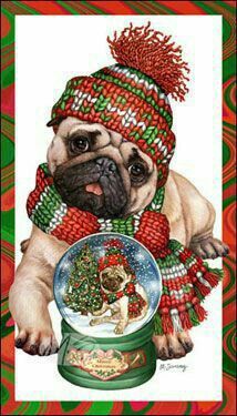 a painting of a pug dog with a christmas ornament on it's chest