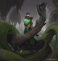 a man standing on top of a giant green snake next to a forest filled with trees