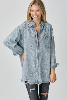 RISEN Acid Wash Distressed Raw Hem Denim ShirtRISEN Acid Wash Distressed Raw Hem Denim Shirt Edgy Wardrobe, Boots And Jeans Men, Long Denim Shirt, Inspired Aesthetic, Womens Denim Shirt, Effortless Outfit, Edgy Look, Grunge Fashion, Acid Wash