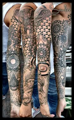 several people with tattoos on their legs and arms are standing in front of each other