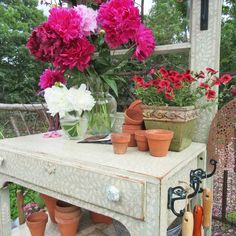 pink and white flowers are in vases on an old table with potted plants