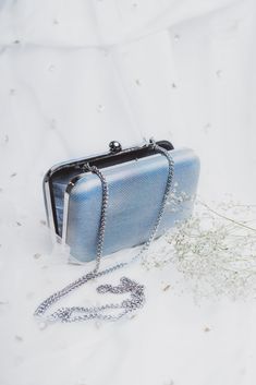 Metallic Clutch, Blue Clutch, Silver Bags, Blue Dress Formal, Blue Handbags, Baby Blue Colour, Blue Purse, Pacific Blue, Silver Shoes