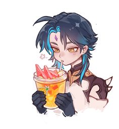 an anime character holding a drink with strawberries in it