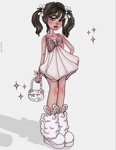 a drawing of a girl in a dress holding a purse and standing on top of sheeps