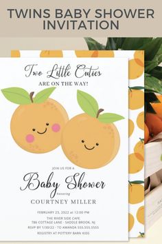 an orange themed baby shower is shown with the words twins baby shower