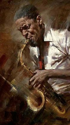 a painting of a man playing a saxophone