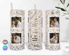 two personalized candles with the word love and pictures on them are next to a potted plant