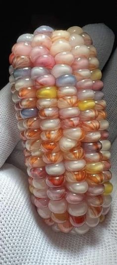 a close up of a corn on the cob with many different colors and shapes