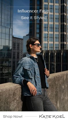 Influencer styled in Kate Koel Jewelry, wearing denim jacket and sunglasses on a city rooftop. Kate Jewelry, Chic Necklace, Rings Bracelets, Shop The Look, Artisan Jewelry, Perfect Match, Get Inspired, Handcrafted Jewelry, Jewelry Inspiration