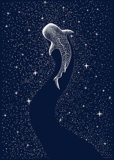 a drawing of a dolphin swimming in the ocean with stars above it, on a dark blue background