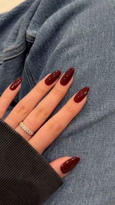 Cherry Red 🍒 Wine Colour Nail Paint, Cherry Wine Nail Color, Red Nails Soft Gel, Deep Red Acrylics, Scarlett Red Nails, Dark Red Glossy Nails, Cherry Red Nails With Design, Red Nails Asian, Dark Red Acrylic Nails Almond