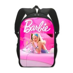 a pink and black backpack with the word barbie on it's front pocket, featuring a woman in a car