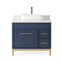 a bathroom vanity with a white sink and blue cabinetry on the side, against a white background