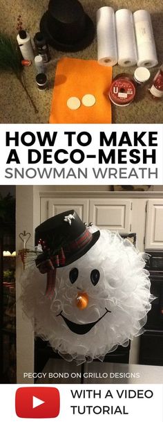 an image of how to make a deco - mesh snowman wreath with video instructions