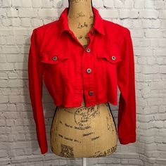 Us Size 8 Red 100% Cotton Casual Red Collared Outerwear, Trendy Red Collared Outerwear, Red Winter Denim Jacket, Casual Red Long Sleeve Denim Jacket, Fitted Red Denim Jacket With Long Sleeves, Red Casual Cropped Jacket With Long Sleeves, Red Cropped Long Sleeve Casual Jacket, Red Cotton Button-up Outerwear, Casual Red Cotton Outerwear