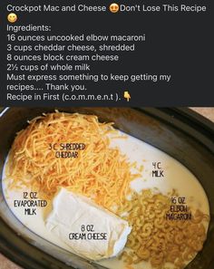 the ingredients for crockpot mac and cheese recipe in a crock pot with instructions