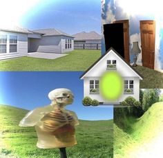 a collage of pictures with a house and a skeleton