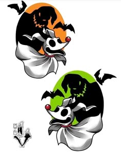 two black and white dogs with bats on their heads in front of an orange moon