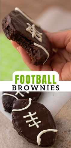 chocolate football brownies with white frosting in the shape of a football on top