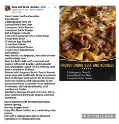 the recipe for french onion beef and noodle casserole is shown in an article