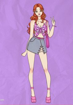 a drawing of a woman with red hair wearing a purple top and blue skirt holding a pink umbrella