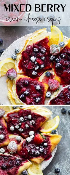 this is an image of mixed berry cream cheese crepes with lemons and blueberries