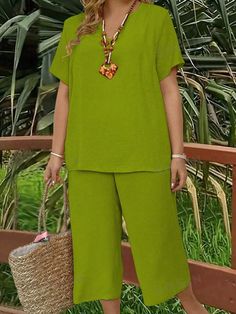 Casual V-neck Sets With Pockets, Casual Green Sets With Pockets, Casual Plain Short Sleeve Sets, Casual Short Sleeve Sets, Casual Short Sleeve Plain Sets, Casual Plain Stretch Sets, Casual Stretch Plain Sets, Casual Green Sets With Long Pants, Spring Casual Sets With Long Pants