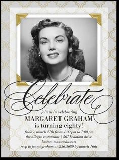 a black and white photo with the words celebrate on it, in gold trimming