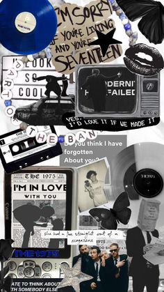 collage of various items including an album, cd cover and other things in black and white