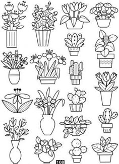 a bunch of potted plants that are outlined in black and white, on a white background