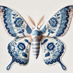 a blue and white butterfly sculpture on a white background with an intricately painted design