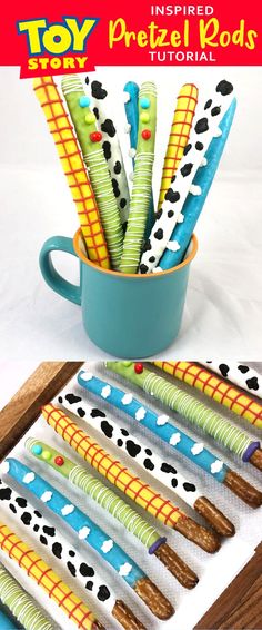 toy story inspired pretzel rods in a cup