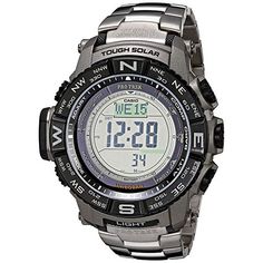 Casio Pro Trek Men's Triple Sensor Atomic Solar Watch - Titanium Band Everywhere awaits your arrival. Show up. Feature-loaded and function-centered, the rugged Pro Trek guides you to and through all of life's destinations. Bracelet approx. 9"L x 13/16"W; fits 9" to 8-1/2" wrist Case approx. 2-1/4/"L x 2-1/4"W x 1/2"H Stainless steel, titanium Digital display Water-resistant to 20ATM - suitable for high-impact water sports and non-helium scuba diving Quartz movement Mineral crystal Silvertone tit Silver Digital Watch With Subdials For Outdoor, Silver Outdoor Watch With Subdials, Silver Analog Chronograph Watch For Outdoor, Silver Outdoor Watch With Analog Display, Silver Outdoor Watch With Stopwatch, Outdoor Silver Watch With Analog Display, Silver Digital Watch With 10atm Water Resistance, Silver Outdoor Watch With Tachymeter, Outdoor Silver Analog Watches