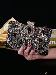 Bird in Bag - Exquisite Black Beaded and Rhinestone Embroidery Womens Evening Clutch and Handbag - Ideal for Dinner Parties, Proms, Weddings, and Formal Events, Expertly Designed to Complement Evening Dresses and Gowns. Versatile - Can be held in Hand, Worn on the Shoulder or Crossbody, Comes with a Stylish Metal Chain. Black Embellished Party Bag, Elegant Embellished Clutch For Banquet, Embellished Evening Bag For Prom, Embellished Clutch For Banquet, Embellished Rectangular Clutch For Banquets, Embellished Rectangular Clutch For Banquet, Luxury Hand-embellished Black Evening Bag, Luxury Hand Embellished Black Evening Bag, Luxury Black Hand Embellished Evening Bag