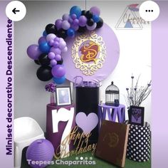 purple and black balloons are on display in front of a birthday party sign with the number twenty seven