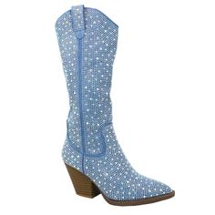 Size & Fit Heel Measures Approximately 3 Inches" Product Details Made With Fabric Side Zipper Padded Insoles Rhinestones Chunky Heel Blue Embellished Party Boots, Embellished Blue Party Boots, Glamorous Blue Rhinestone Boots, Blue High Heel Boots With Rhinestones, Blue Party Boots With Rhinestones, Blue Rhinestone Party Boots, Spring Blue Boots With Rhinestones, Blue Rhinestone Boots For Spring, Chunky Heel