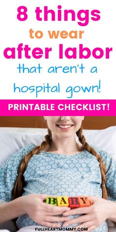 Your first post pregnancy outfit is the one you'll wear in the hospital after giving birth. Here are 8 clothing items that will help you create an outfit that is more comfortable than a standard hospital gown. Free printable checklist included to help you get prepared! Hospital Clothes After Birth, Clothing Must Haves, Postpartum Diet Plan, Hospital Bag For Mom, Post Pregnancy Clothes, Baby Hospital Bag Checklist, Postpartum Workout Plan, Hospital Bag For Mom To Be, Postpartum Healing