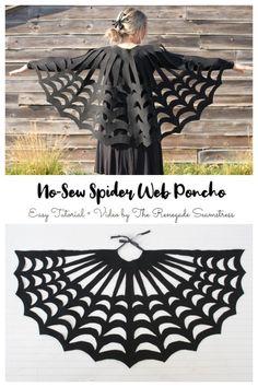 an image of a woman wearing a black spider web poncho with text overlay that reads, no sew spider web ponch