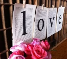 pink roses are placed in front of three books with the word love spelled on them