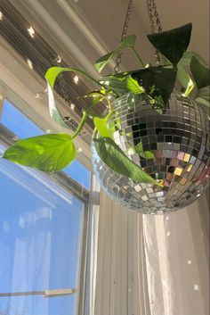 a disco ball hanging from the ceiling next to a window filled with green leaves and plants