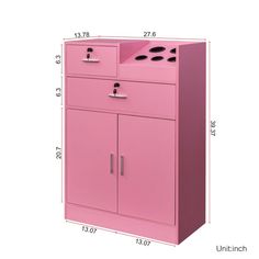 a pink cabinet is shown with measurements for the doors and drawers on each side,