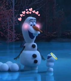 the frozen queen and her baby are standing in front of a pond with hearts floating on it