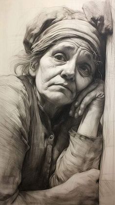 a drawing of a woman leaning against a wall with her hand on her chin and looking at the camera