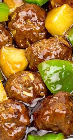 meatballs and green peppers are in a bowl